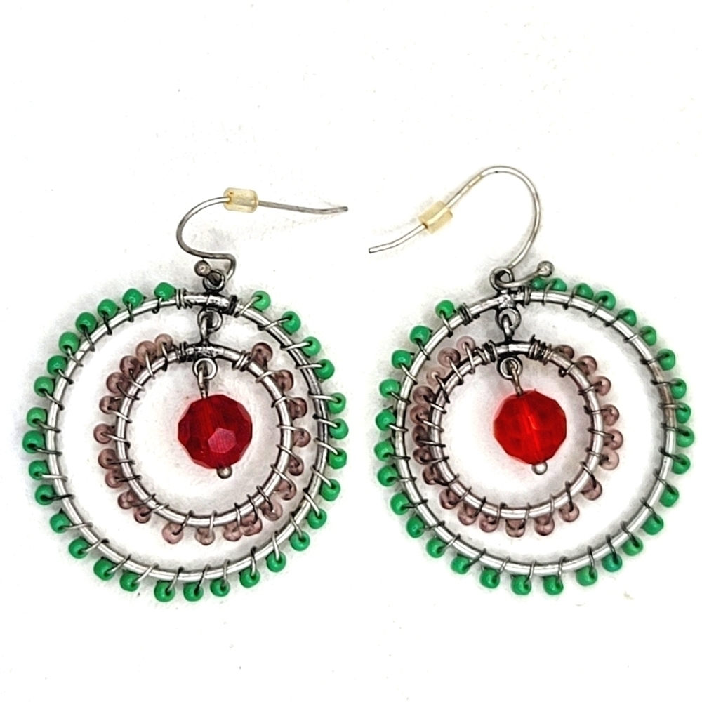 Glass Bead Wire-Weaved Double Hoop Silver Earrings